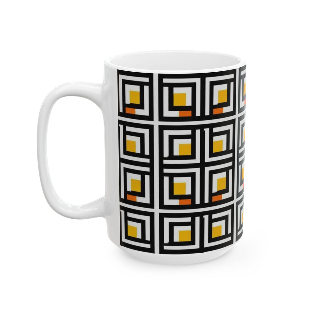 Vintage Elite Society Collection  Tile Ceramic Mug — Black, Yellow & Orange Pattern (11oz/15oz)