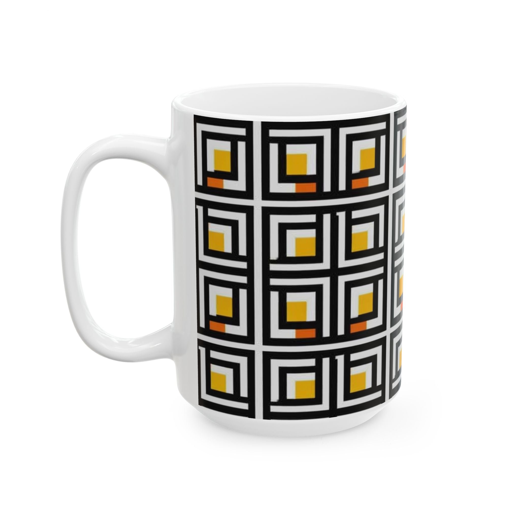Vintage Elite Society Collection  Tile Ceramic Mug — Black, Yellow & Orange Pattern (11oz/15oz)