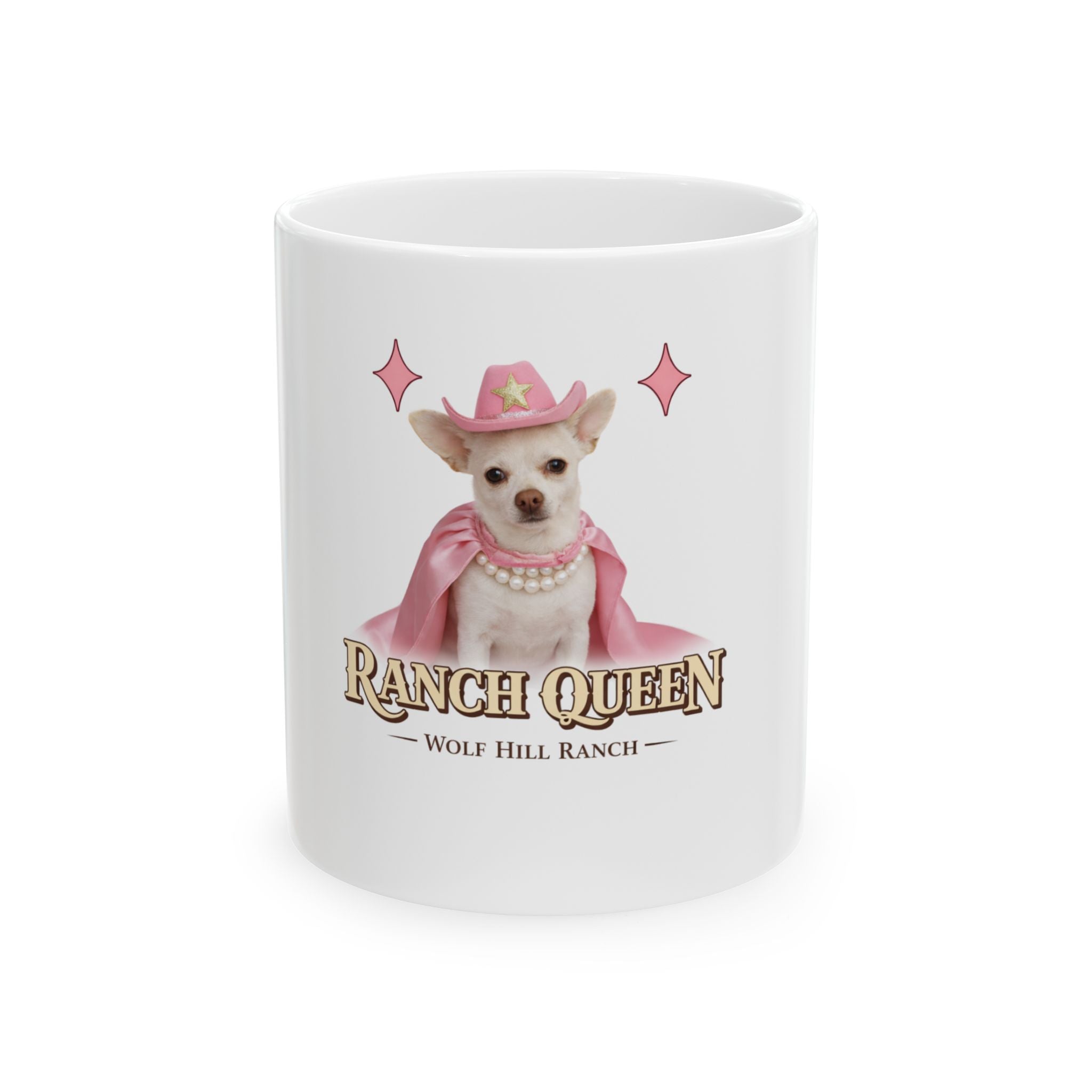 Ranch Queen Ceramic Mug — Cute Pink Cowgirl Chihuahua Design (11oz & 15oz)