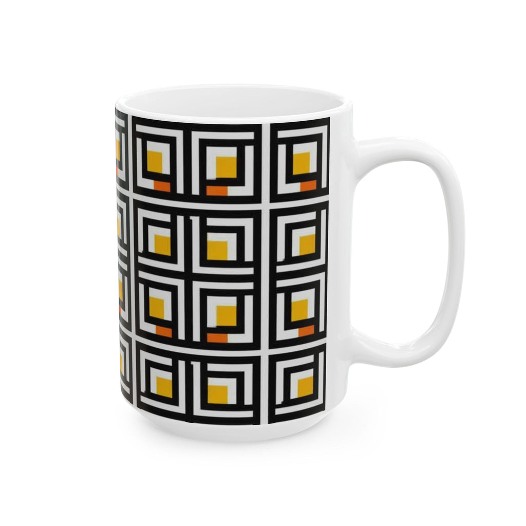 Vintage Elite Society Collection  Tile Ceramic Mug — Black, Yellow & Orange Pattern (11oz/15oz)
