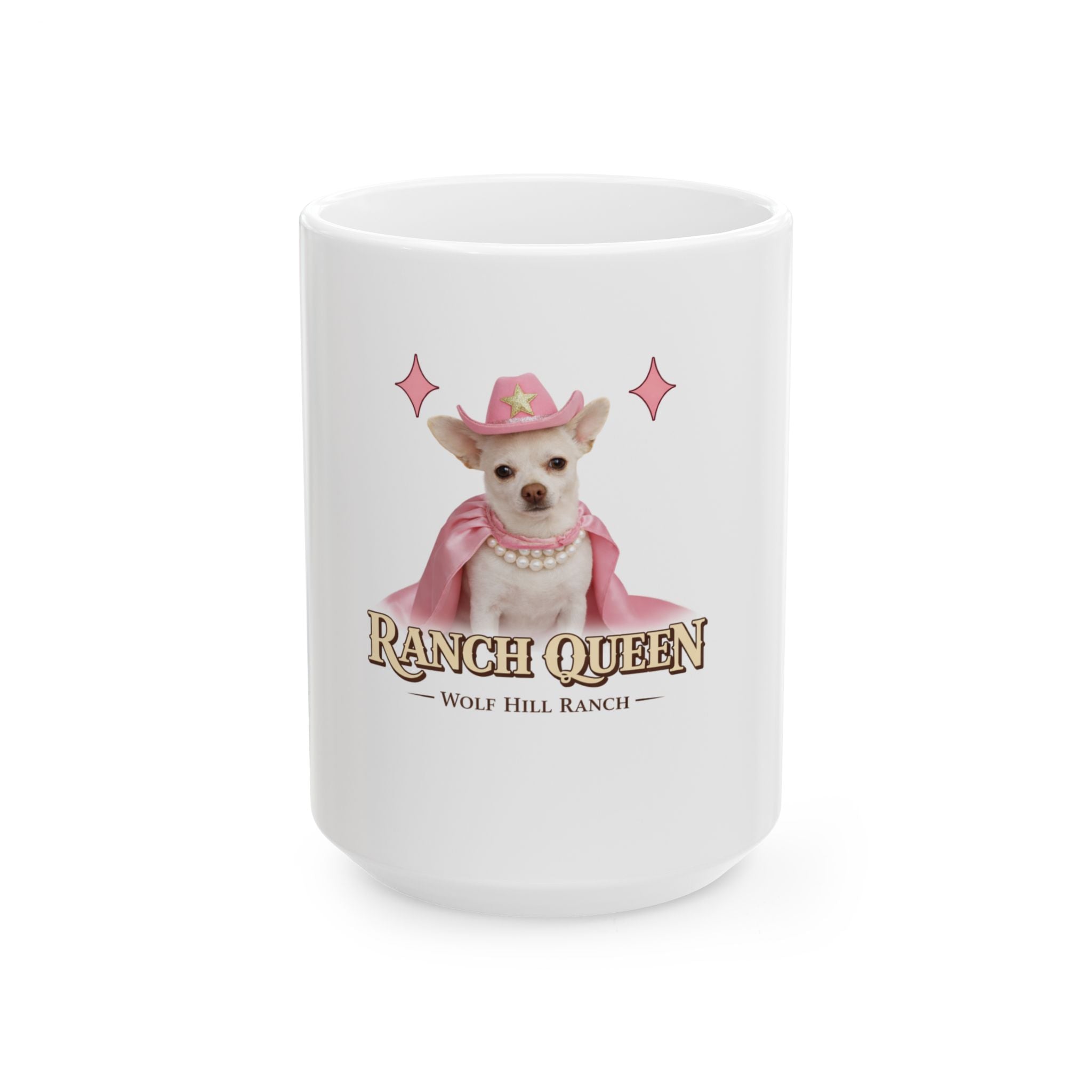 Ranch Queen Ceramic Mug — Cute Pink Cowgirl Chihuahua Design (11oz & 15oz)