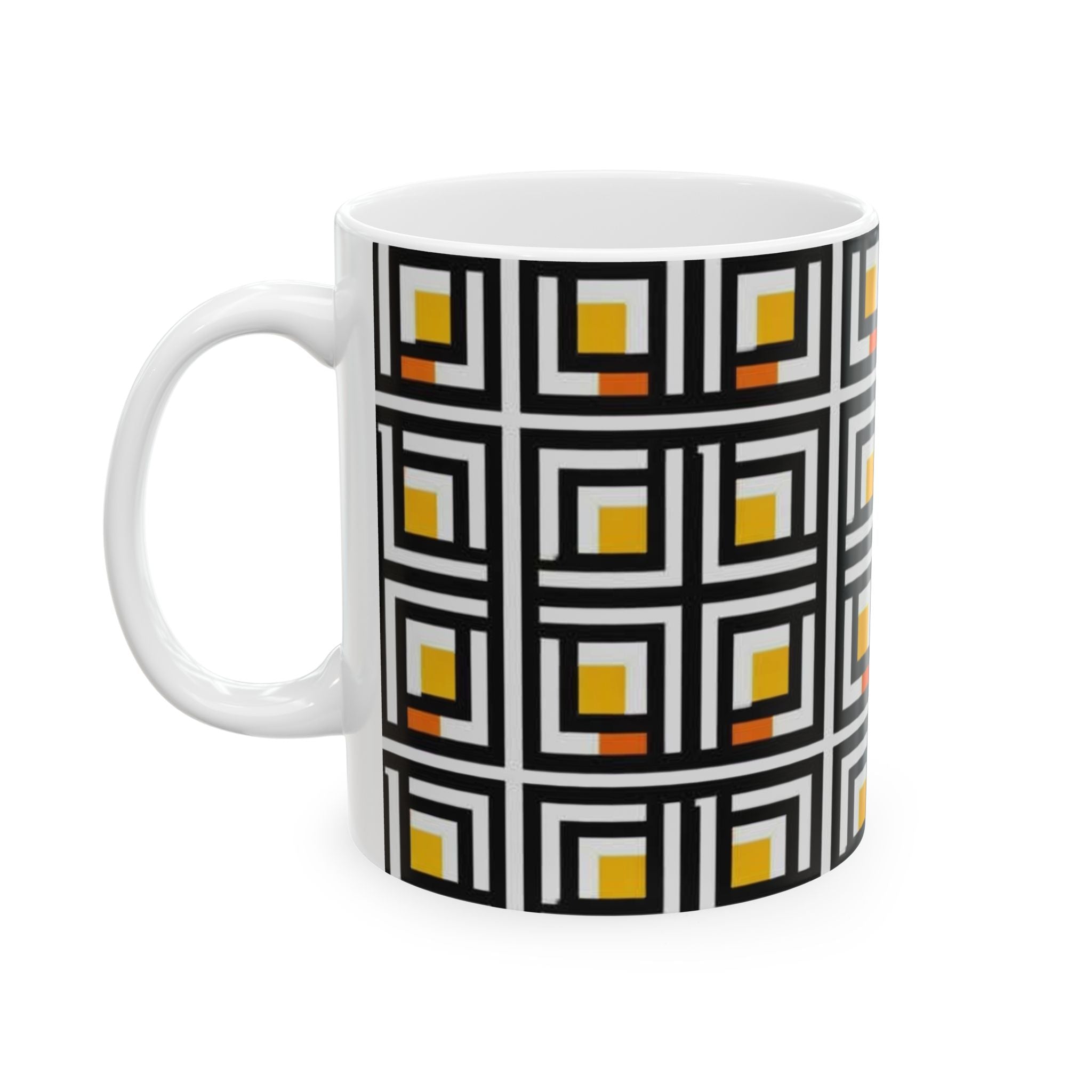 Vintage Elite Society Collection  Tile Ceramic Mug — Black, Yellow & Orange Pattern (11oz/15oz)