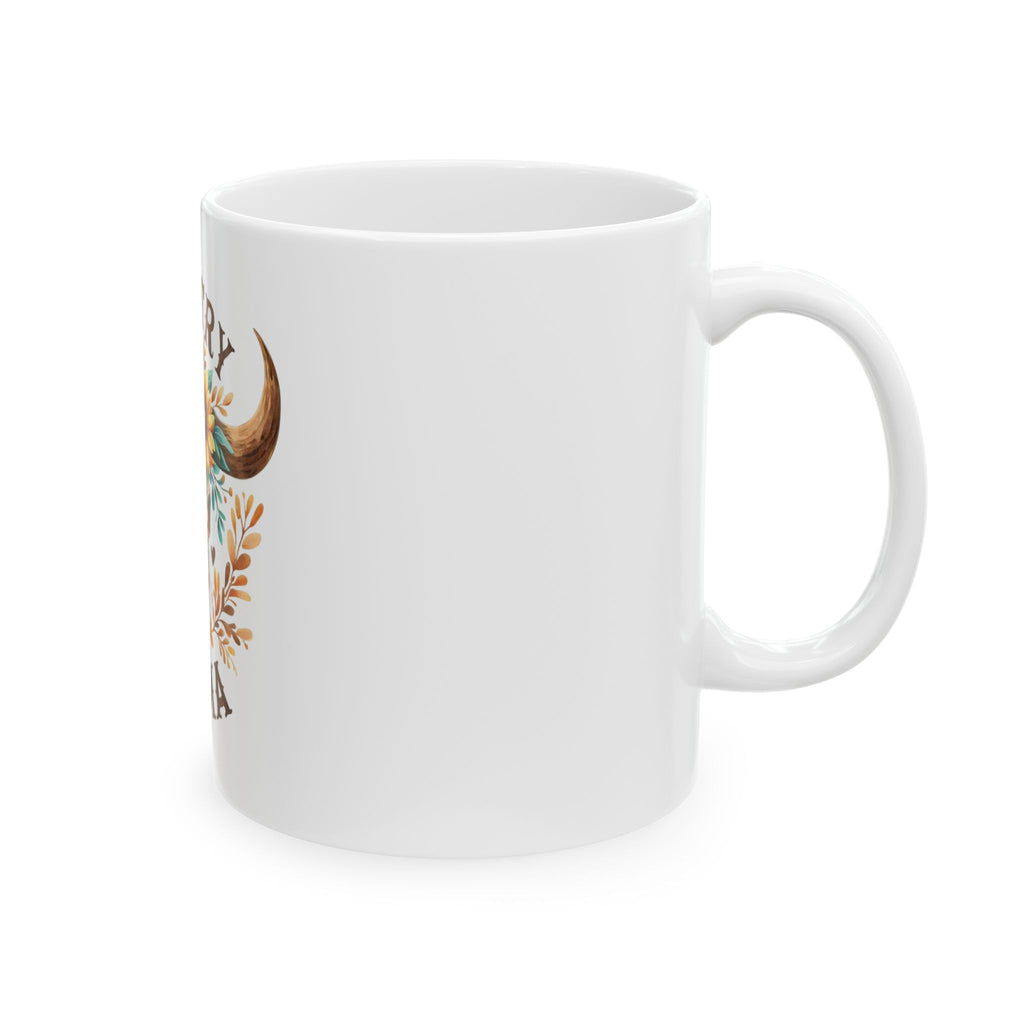 Country Mama Ceramic Mug — Floral Cow Skull Coffee Cup (11oz & 15oz)