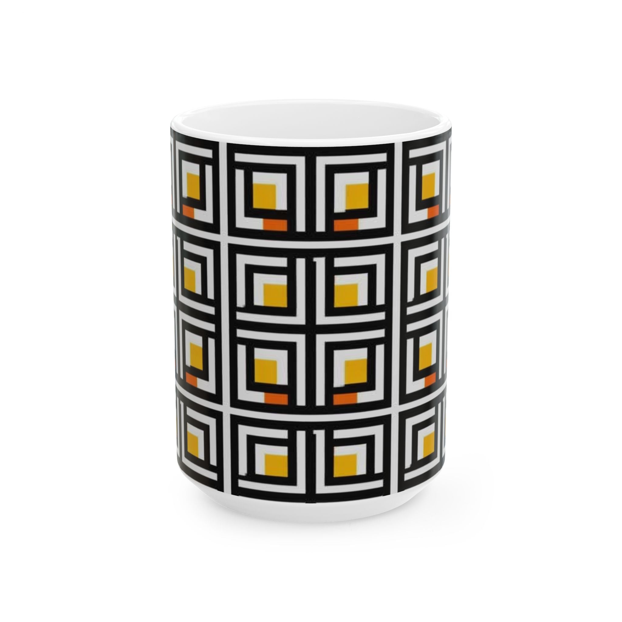 Vintage Elite Society Collection  Tile Ceramic Mug — Black, Yellow & Orange Pattern (11oz/15oz)
