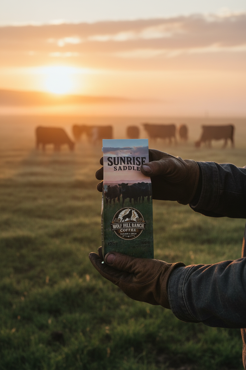 Cowboy Hands Holding Bag at Sunrise